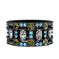 Zelie Tamtur Yüzük - Beyaz zirkon, peridot ve akuamarin 925 ayar siyah rodyum kaplama gümüş yüzük #1afbs1f