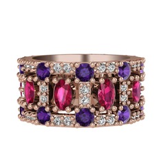Rodolit garnet, ametist ve pırlanta 925 ayar rose altın kaplama gümüş yüzük (0.66 karat)
