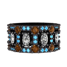 Zelie Tamtur Yüzük - Beyaz zirkon, dumanlı kuvars ve akuamarin 925 ayar siyah rodyum kaplama gümüş yüzük #1asbfzr