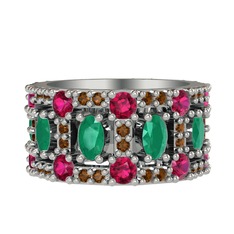 Zelie Tamtur Yüzük - Kök zümrüt, rodolit garnet ve dumanlı kuvars 14 ayar beyaz altın yüzük #1bffyii