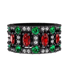 Zelie Tamtur Yüzük - Garnet, yeşil kuvars ve pırlanta 925 ayar siyah rodyum kaplama gümüş yüzük (0.66 karat) #1bjz7p1