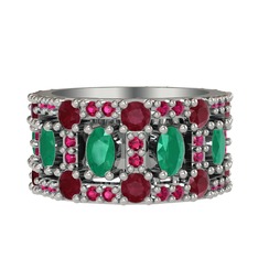 Kök zümrüt, kök yakut ve rodolit garnet 18 ayar beyaz altın yüzük