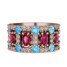 Rodolit garnet, akuamarin ve beyaz zirkon 8 ayar rose altın yüzük