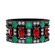 Zelie Tamtur Yüzük - Garnet, kök zümrüt ve swarovski 925 ayar siyah rodyum kaplama gümüş yüzük #1dxfhp6
