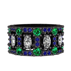 Swarovski, yeşil kuvars ve lab safir 925 ayar siyah rodyum kaplama gümüş yüzük