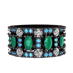 Zelie Tamtur Yüzük - Kök zümrüt, beyaz zirkon ve akuamarin 925 ayar siyah rodyum kaplama gümüş yüzük #1evtw3t