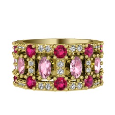 Pembe kuvars, rodolit garnet ve swarovski 8 ayar altın yüzük