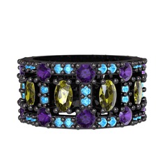 Zelie Tamtur Yüzük - Peridot, ametist ve akuamarin 925 ayar siyah rodyum kaplama gümüş yüzük #1fkos6o