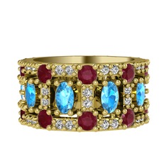 Akuamarin, kök yakut ve pırlanta 8 ayar altın yüzük (0.66 karat)