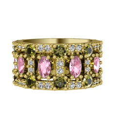 Pembe kuvars, peridot ve swarovski 8 ayar altın yüzük