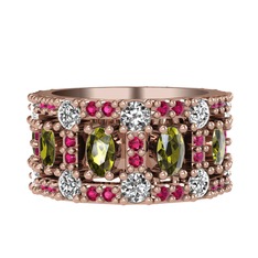 Peridot, beyaz zirkon ve rodolit garnet 8 ayar rose altın yüzük