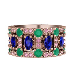 Lab safir, kök zümrüt ve pembe kuvars 925 ayar rose altın kaplama gümüş yüzük