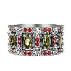 Peridot, beyaz zirkon ve garnet 18 ayar beyaz altın yüzük