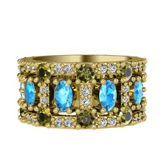 Akuamarin, peridot ve swarovski 8 ayar altın yüzük
