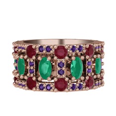 Zelie Tamtur Yüzük - Kök zümrüt, kök yakut ve ametist 18 ayar rose altın yüzük #1ikp9gt