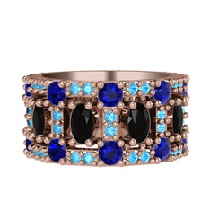 Siyah zirkon, lab safir ve akuamarin 14 ayar rose altın yüzük