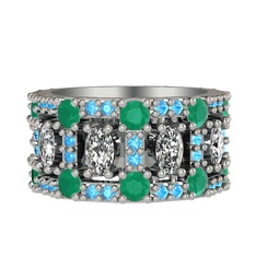 Beyaz zirkon, kök zümrüt ve akuamarin 925 ayar gümüş yüzük