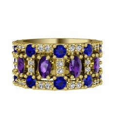 Ametist, lab safir ve swarovski 8 ayar altın yüzük