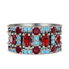 Garnet, kök yakut ve akuamarin 8 ayar beyaz altın yüzük