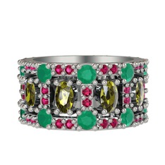 Zelie Tamtur Yüzük - Peridot, kök zümrüt ve rodolit garnet 18 ayar beyaz altın yüzük #1ljgitf