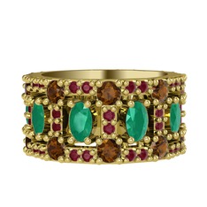 Zelie Tamtur Yüzük - Kök zümrüt, dumanlı kuvars ve kök yakut 8 ayar altın yüzük #1ln5gjt