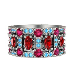 Garnet, rodolit garnet ve akuamarin 8 ayar beyaz altın yüzük