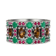 Dumanlı kuvars, kök zümrüt ve rodolit garnet 18 ayar beyaz altın yüzük