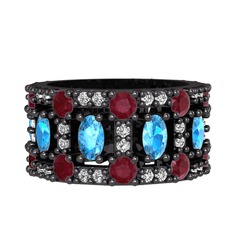 Zelie Tamtur Yüzük - Akuamarin, kök yakut ve swarovski 925 ayar siyah rodyum kaplama gümüş yüzük #1ohywwd