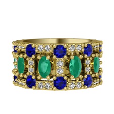 Kök zümrüt, lab safir ve swarovski 8 ayar altın yüzük