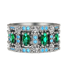 Yeşil kuvars, beyaz zirkon ve akuamarin 925 ayar gümüş yüzük