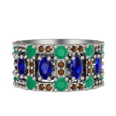 Zelie Tamtur Yüzük - Lab safir, kök zümrüt ve dumanlı kuvars 18 ayar beyaz altın yüzük #1q3hi8m