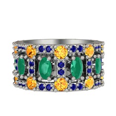 Kök zümrüt, sitrin ve lab safir 18 ayar beyaz altın yüzük