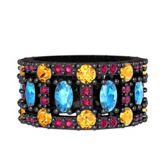 Zelie Tamtur Yüzük - Akuamarin, sitrin ve rodolit garnet 925 ayar siyah rodyum kaplama gümüş yüzük #1qm62ar