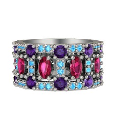 Rodolit garnet, ametist ve akuamarin 925 ayar gümüş yüzük