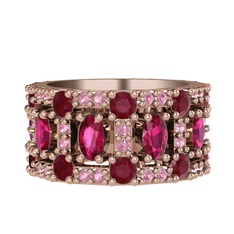 Rodolit garnet, kök yakut ve pembe kuvars 18 ayar rose altın yüzük