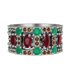 Zelie Tamtur Yüzük - Kök yakut, kök zümrüt ve dumanlı kuvars 8 ayar beyaz altın yüzük #1r75jk8