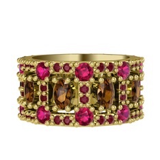 Zelie Tamtur Yüzük - Dumanlı kuvars, rodolit garnet ve kök yakut 8 ayar altın yüzük #1rekyeq