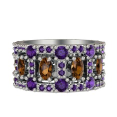 Dumanlı kuvars ve ametist 8 ayar beyaz altın yüzük