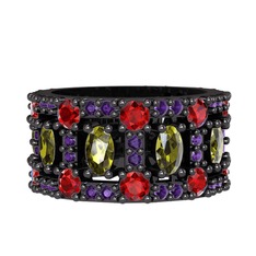 Peridot, garnet ve ametist 925 ayar siyah rodyum kaplama gümüş yüzük