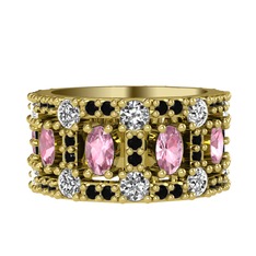 Pembe kuvars, pırlanta ve siyah zirkon 18 ayar altın yüzük (1.76 karat)