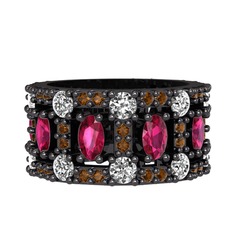 Zelie Tamtur Yüzük - Rodolit garnet, pırlanta ve dumanlı kuvars 925 ayar siyah rodyum kaplama gümüş yüzük (1.76 karat) #1t92ix4