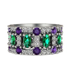 Zelie Tamtur Yüzük - Yeşil kuvars, ametist ve swarovski 14 ayar beyaz altın yüzük #1ttisx5