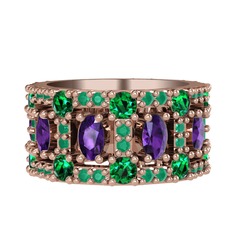 Zelie Tamtur Yüzük - Ametist, yeşil kuvars ve kök zümrüt 8 ayar rose altın yüzük #1u7bqhh