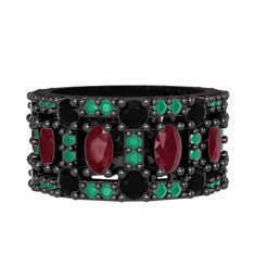 Zelie Tamtur Yüzük - Kök yakut, siyah zirkon ve kök zümrüt 925 ayar siyah rodyum kaplama gümüş yüzük #1usr6v4