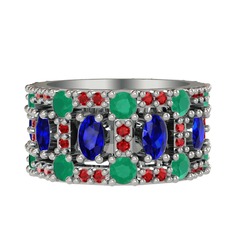 Lab safir, kök zümrüt ve garnet 925 ayar gümüş yüzük