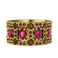 Zelie Tamtur Yüzük - Rodolit garnet, dumanlı kuvars ve kök yakut 8 ayar altın yüzük #1vu1rlv