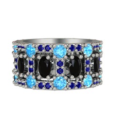 Siyah zirkon, akuamarin ve lab safir 18 ayar beyaz altın yüzük
