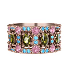 Peridot, pembe kuvars ve akuamarin 14 ayar rose altın yüzük