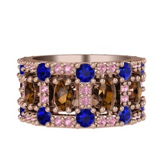 Dumanlı kuvars, lab safir ve pembe kuvars 18 ayar rose altın yüzük