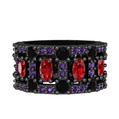 Garnet, siyah zirkon ve ametist 925 ayar siyah rodyum kaplama gümüş yüzük
